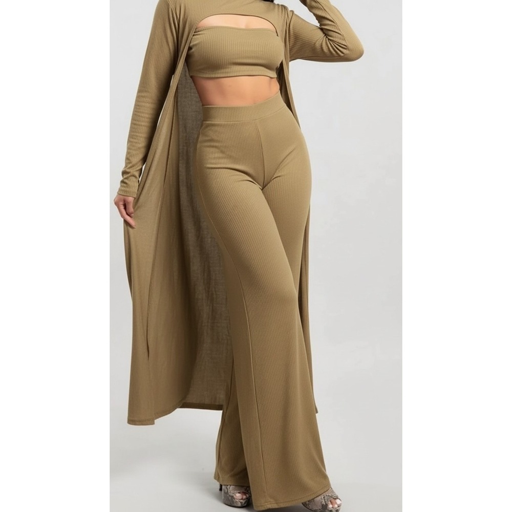 Win Win 3 Piece Ribbed Knit Lounge Set Duster Tube Top Wide Leg Pants Khaki OS